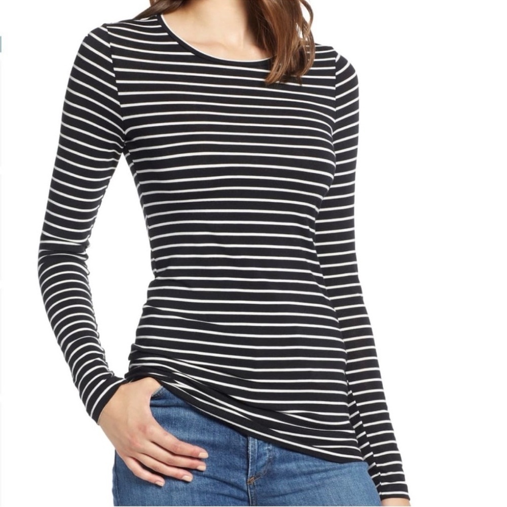 Halogen Black & White Stripe Long Sleeve Modal Tee | XL